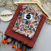 Orange Handloom Khadi Cotton Saree With Flower Print Blouse